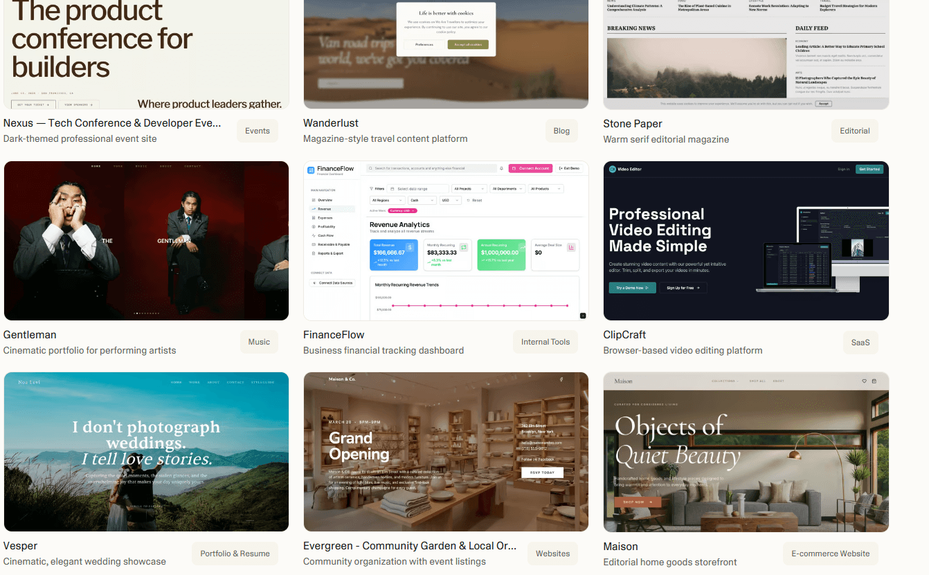 Gallery of modern website design examples across industries: events, blogs, editorial, portfolios, SaaS, e-commerce, and more